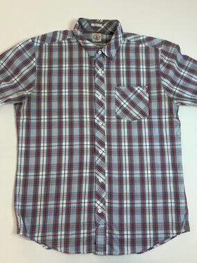Volcom Mens L Plaid Button Up Shirt Red Blue Green Classic Fit Skate Y2K